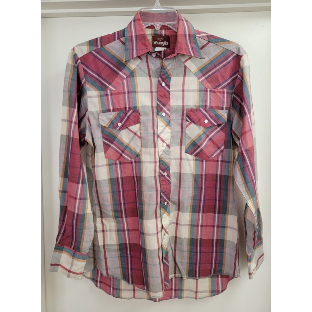 Wrangler Pearl Snap Shirt Mens Medium 15 - 15.5  Plaid Long Sleeve Wine